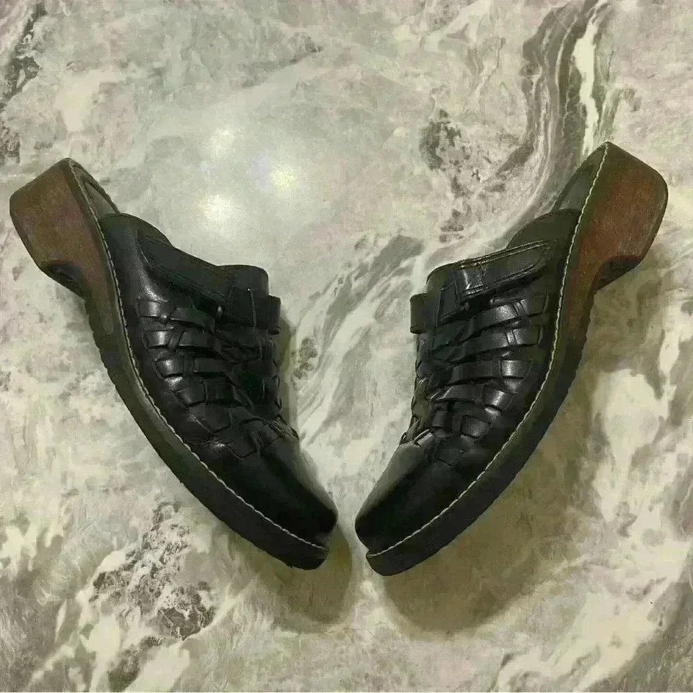 VTG PREDICTIONS Y2K LEATHER WOMENS MULES SHOES Sz 9 BLACK WEAVE CHUNKY EXCELLENT